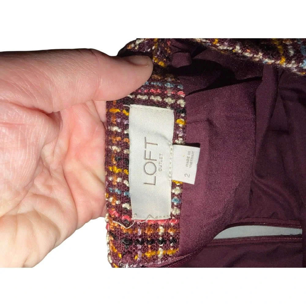 Loft Outlet Burgundy Plaid Tweed Mini Skirt Womens Size 2 Side‎ Zip Lined Fall